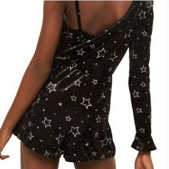 Topshop Star Velvet Asymmetrical Sleeve Romper 8 Black Silver Metallic Punk Sexy - Picture 3 of 5